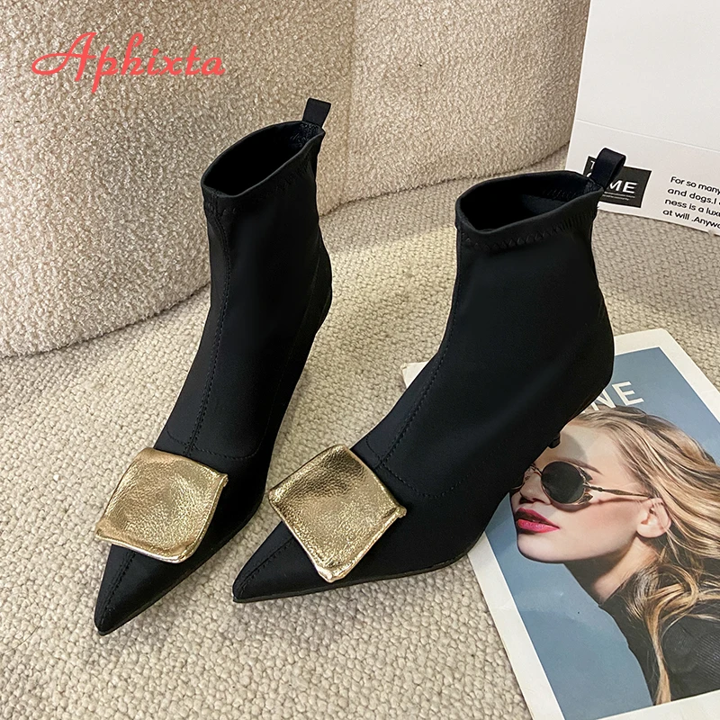Aphixta 5cm Thin Heels Ankle Boots Elegant Woman Modern Boot Pointed Toe Concise Stretch Fashion Women's High Boots
