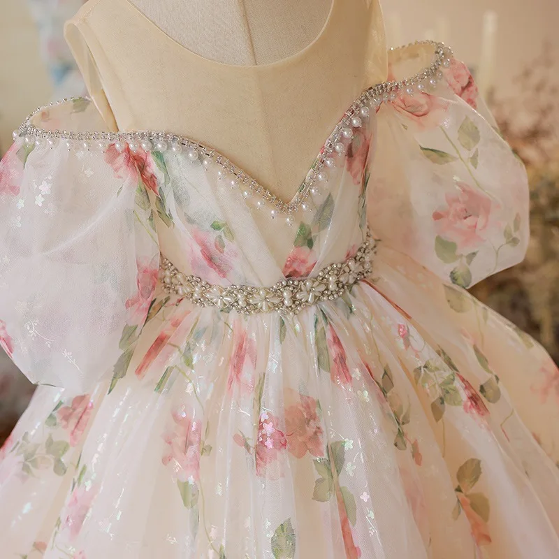 JiAmy Robes En Tulle Côtelé Pour Filles - Robe De Printemps à Paillettes - Manches Volantes - Arc-en-ciel - Pour Enfants De 1 à 6 Ans, Fleurs Roses, 3-4 Ans