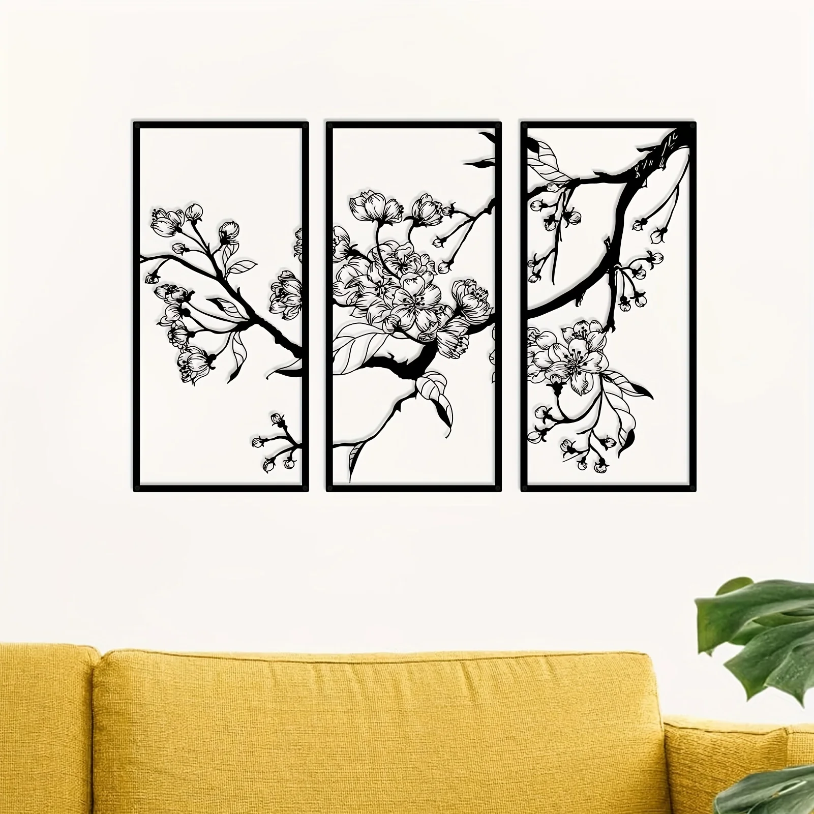 

3 Pcs Metal Peach Blossom Wall Decor, Black Line Square Wall Decor, Office Living Room Bedroom, Art Home Garden Home Decor