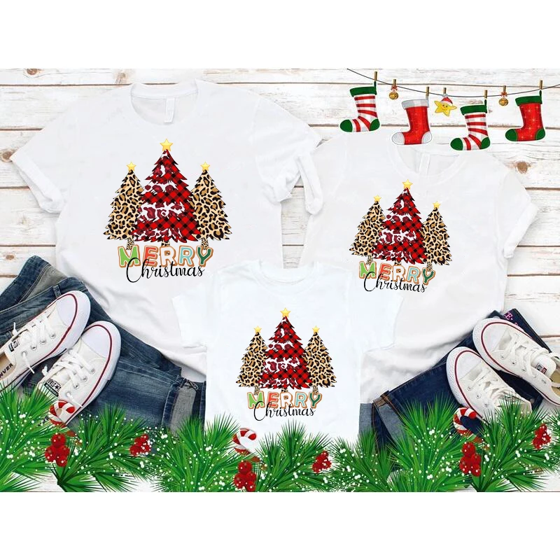 Fashion Leopard Plaid Tree Print Merry Christmas Family Matching T Shirt White Set Uomo Donna T-Shirt Per Bambini Panno Per Feste Di Natale