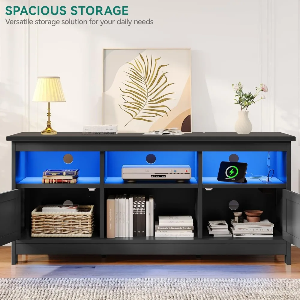 Farmhouse TV Stand with Power Outlet, LED Light Entertainment Center for 65 Inch TVs, TV Cabinet with Storage, Rustic M 2