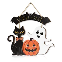 Halloween Decorative Wooden Sign with Black Cat, Pumpkin and Ghost - "Welcome" Design for Door Hanging 5