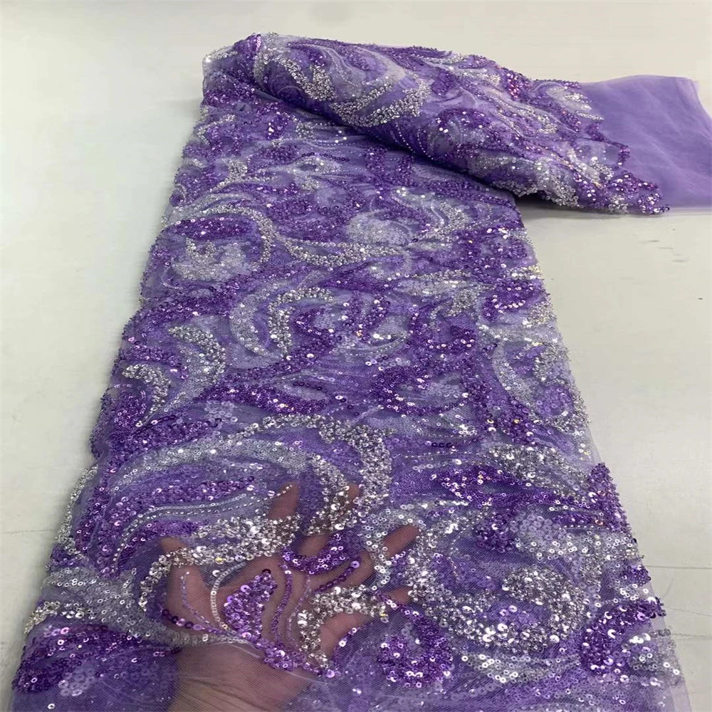 

2023 Latest tube beads Luxury Elegant Embroidery Groom Lace African Tulle Sequins Lace Fabric For Wedding Party Long Dress ZX30