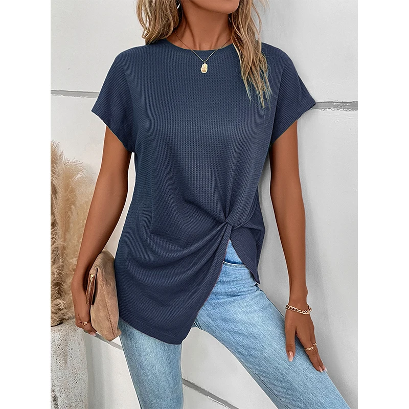 

2023 Europe and America Cross border Summer Hot Selling Irregular Top Short Sleeve Foreign Trade Commuter Solid Color Round Neck