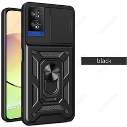 Enhanced Shockproof Slide Lens Armor Case with Magnetic Ring Stand Holder and Camera Protection for TCL 50 SE (Black)