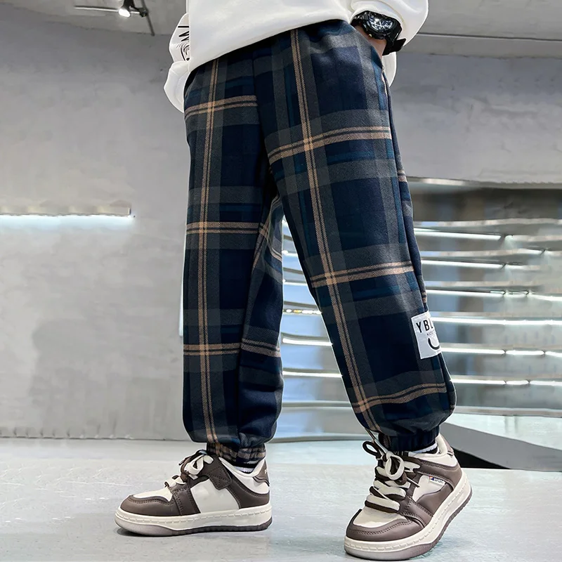 بنطلونات كاجوال للأولاد من 3-12 سنة لفصلي الربيع والخريف، موديل 2026 الجديد، سراويل رياضية فضفاضة من القطن بنقشة مربعات للأطفال، ملابس أطفال