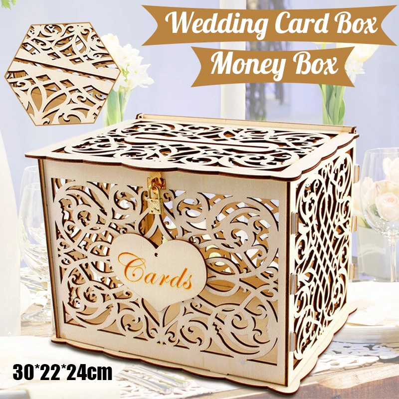 Caja de tarjetas de boda DIY, cajas de dinero de pareja de madera con cerradura, patrón Floral hueco, decoración de boda, sobre de regalo, suministros de cumpleaños