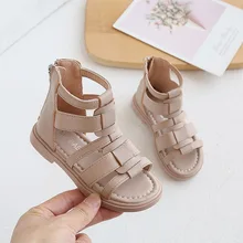 

Princess Shoes 2022 Children New Summer Rome Sandals Solid Pink Soft Back Zip Flat Casual Kids Fashion Open-toe Beach Shoes Chic