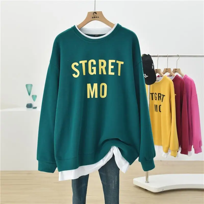 Casual Fake Two Piece Sweatshirts Spring Autumn New Solid Long Sleeve Letter Print Loose Pullovers Fashion Korean Women Clothing
