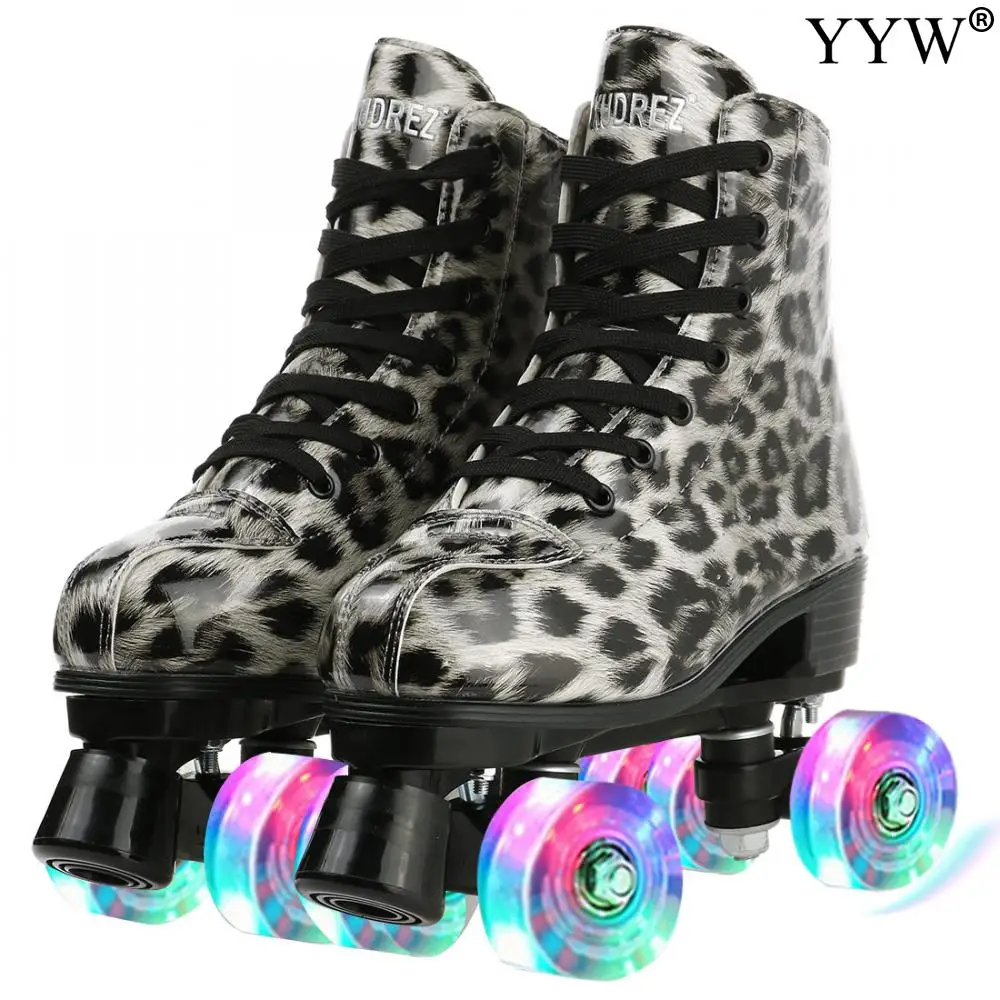 Quad Roller Skate Shoes 4 Wheels Flash Sneakers Kids Children Leopard