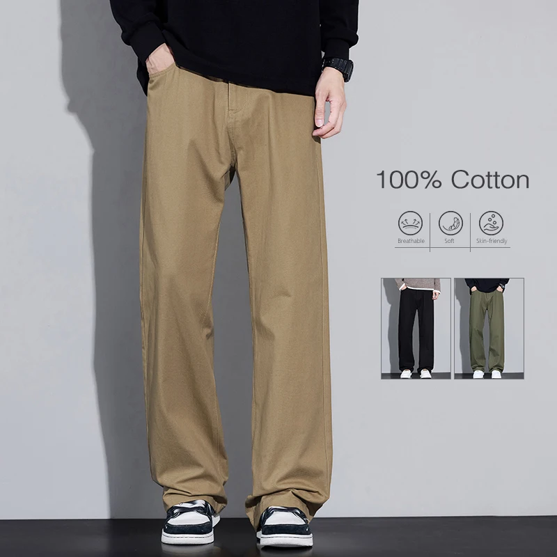 Cotton Men's Baggy Wide-leg Pants Soft Breathable Loose Straight Casual Trousers Spring Autumn Korean Streetwear