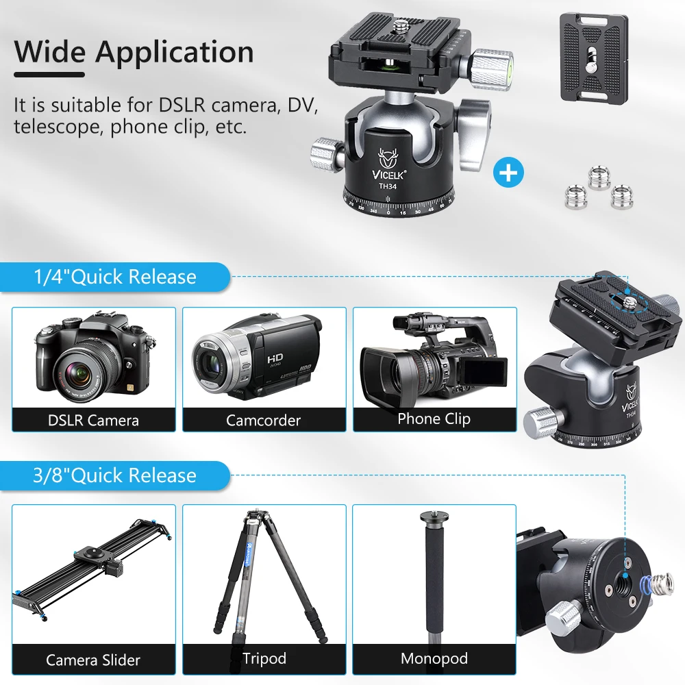 VICELK 28/34mm Ball Professional Tripod Ball Head Low Gravity Center 360 Panoramic CNC for Tripod Monopod Camera Load 15kg