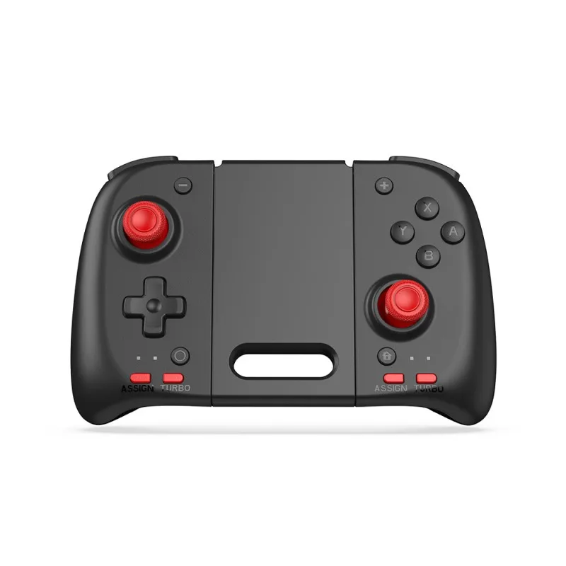 Bezprzewodowy kontroler do konsoli Switch OLED typu split, łączy kontrolery L/R przez Bluetooth, obsługuje aktualizację funkcji.