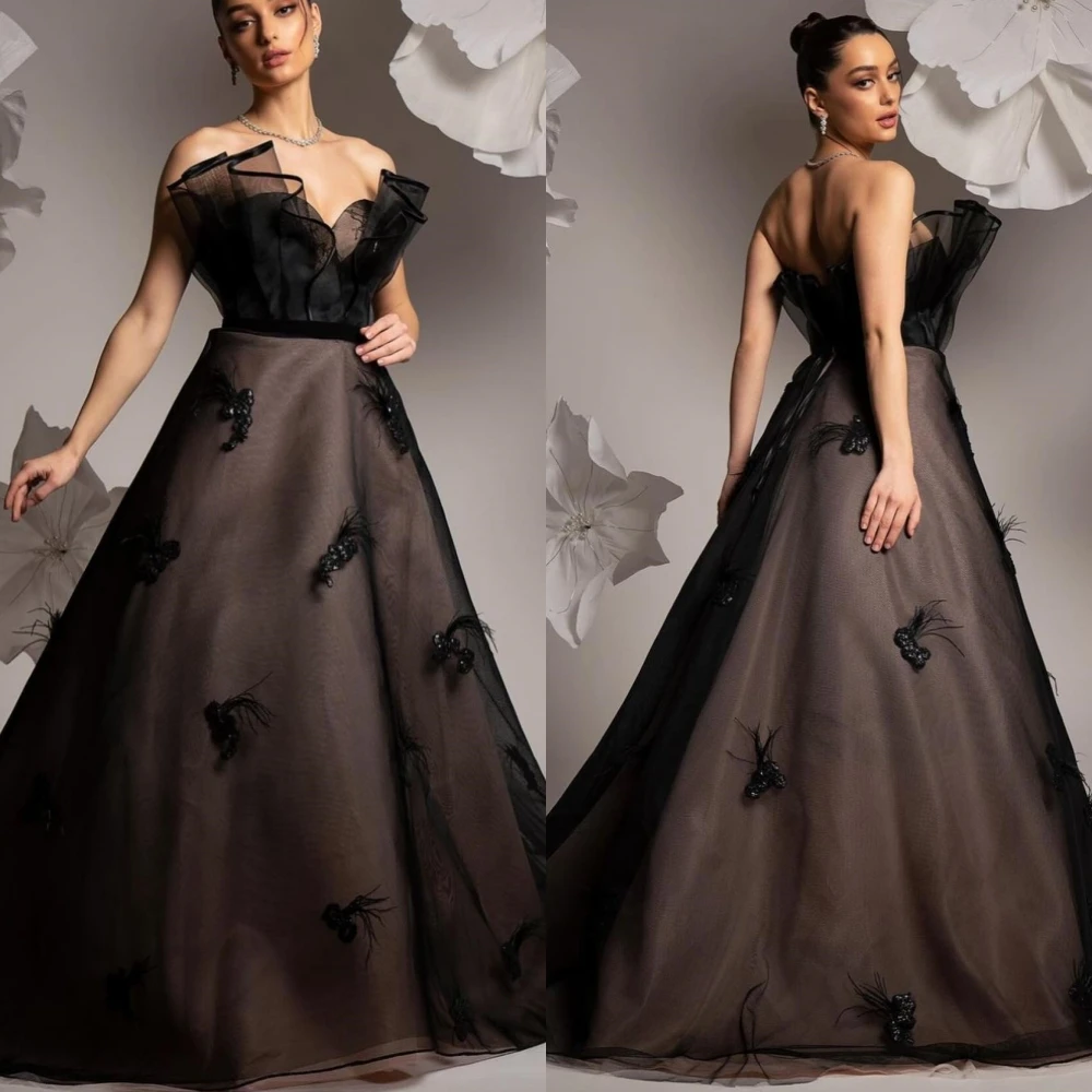 

Prom Dress Evening Jersey Feather Beading Pleat Clubbing Ball Gown Strapless Bespoke Occasion Long Dresses Saudi Arabia