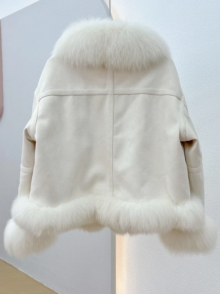 Short Lapel Down Jacket Real Fox Fur Thick Warm Coat Winter New Fashion Design Female Trendy Classic Elk Skin Outer Wear Fluffy