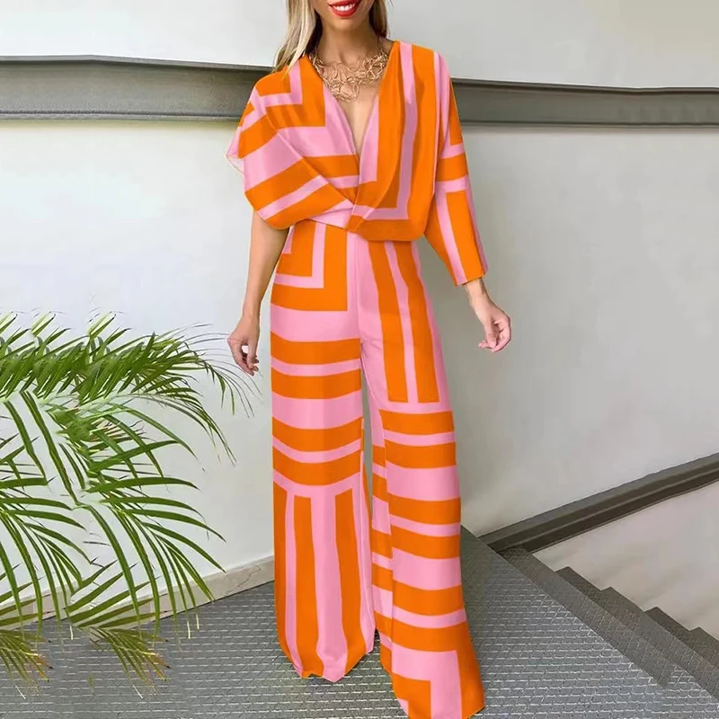 

Casual Loose Solid Color V-Neck Higt Waist Women Jumpsuit Fashion New Print Flying Sleeve Elegant Wide Legs Pant Jumpsuit Ladies