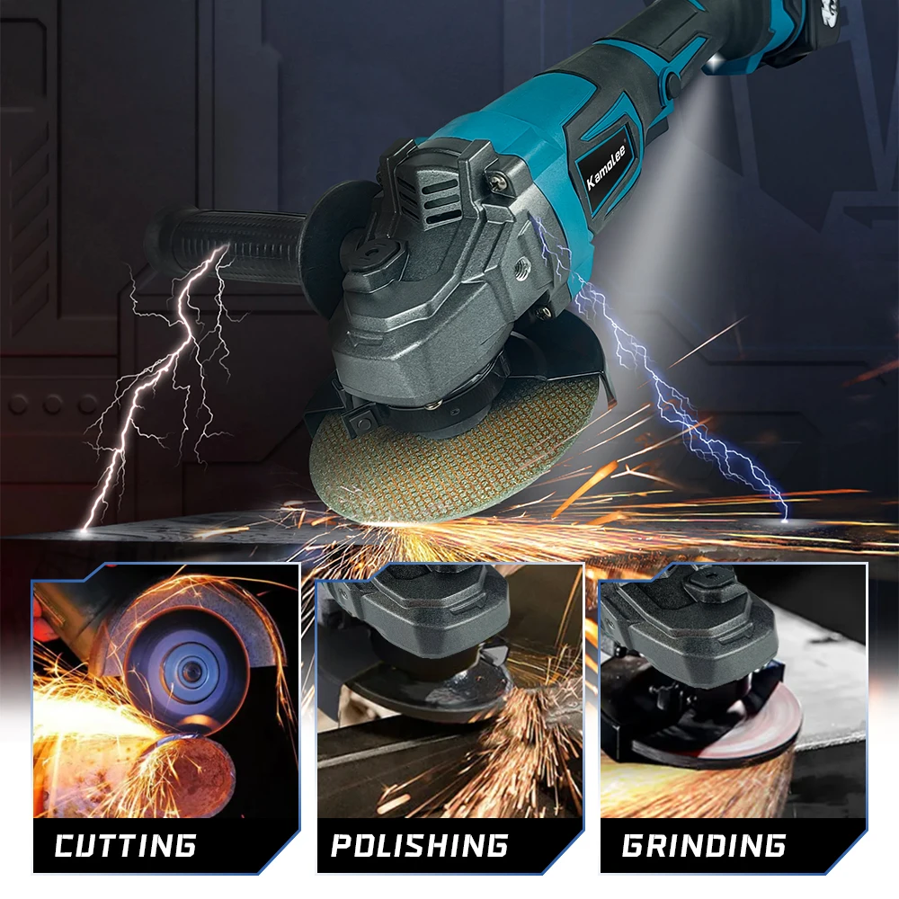 Kamolee Brushless Cordless Angle Grinder 100MM 18500RPM 4 Speed Cutting Power Tools Compatible For Makita 18V Battery