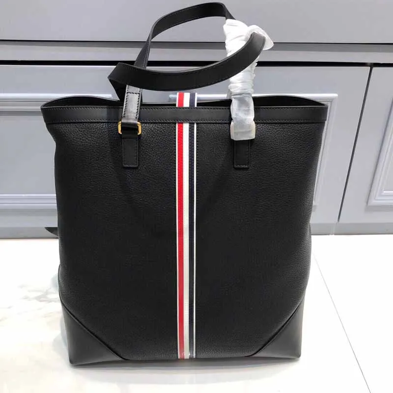 

T Briefcases Fashion Brand Design Middle RWB Striped Laptop Bags For Men Business Office Leather Tote Computer Handbag