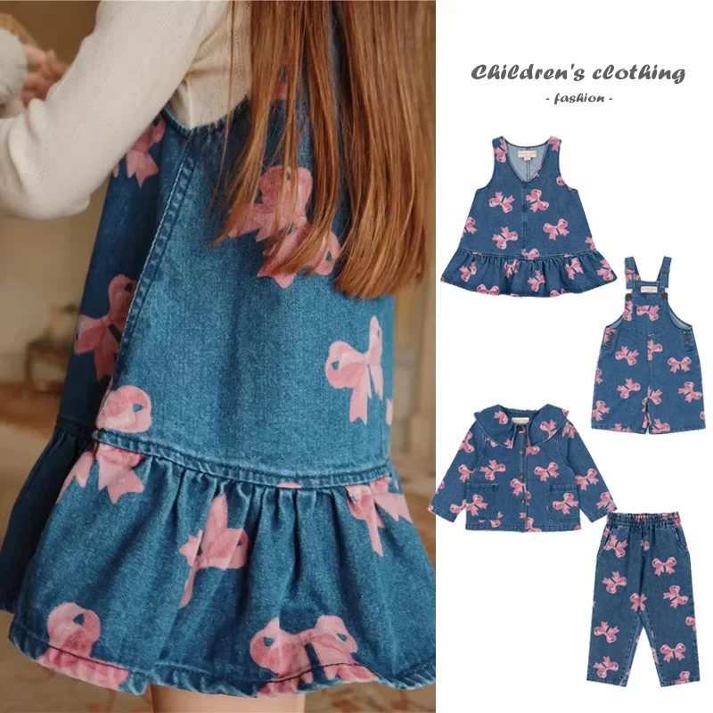 2025 New Denim Kids Set – Bow Print Baby Girl Dress & Denim Jacket 1