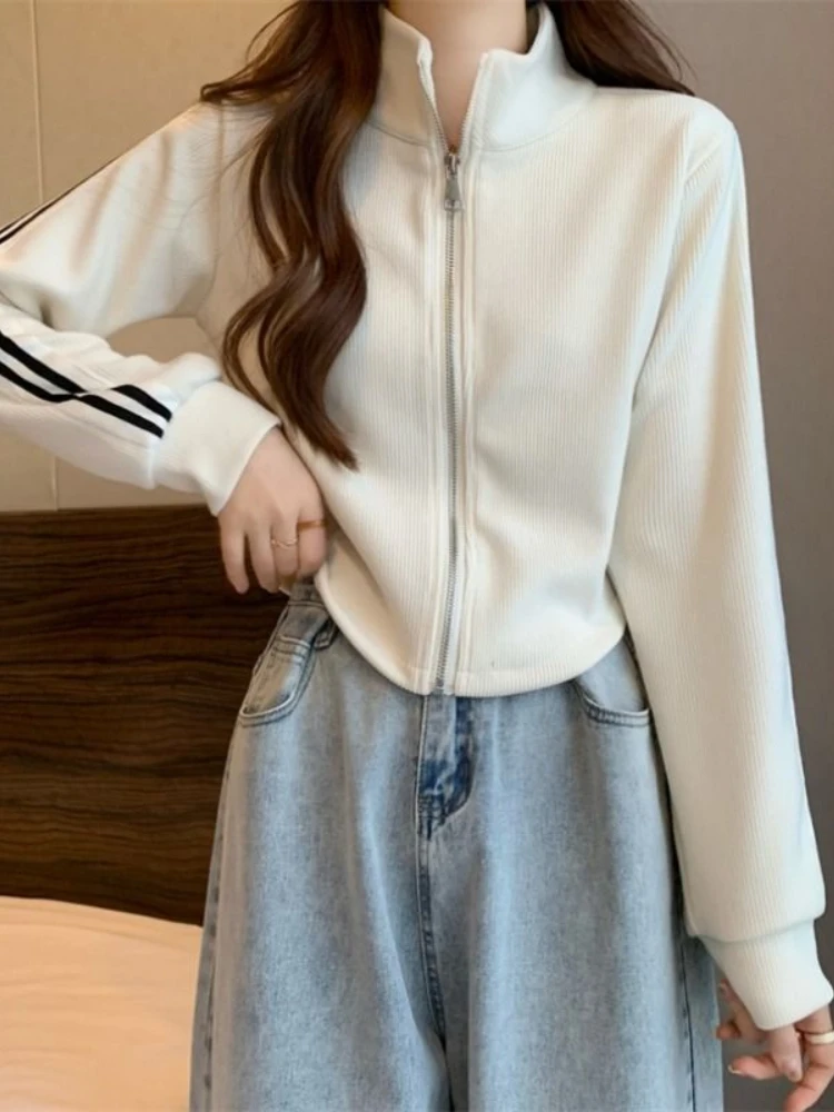 

Deeptown Korean Fashion Striped Cropped Hoodies Women Harajuku Slim Zipper Sweatshirts Casual Long Sleeve Tracksuit Tops Grunge