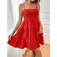 Robe mini bustier smockée à bretelles spaghetti pour femmes, robe à volants à étages bleue, robe décontractée d'été, tenue de plage pour les vacances 5