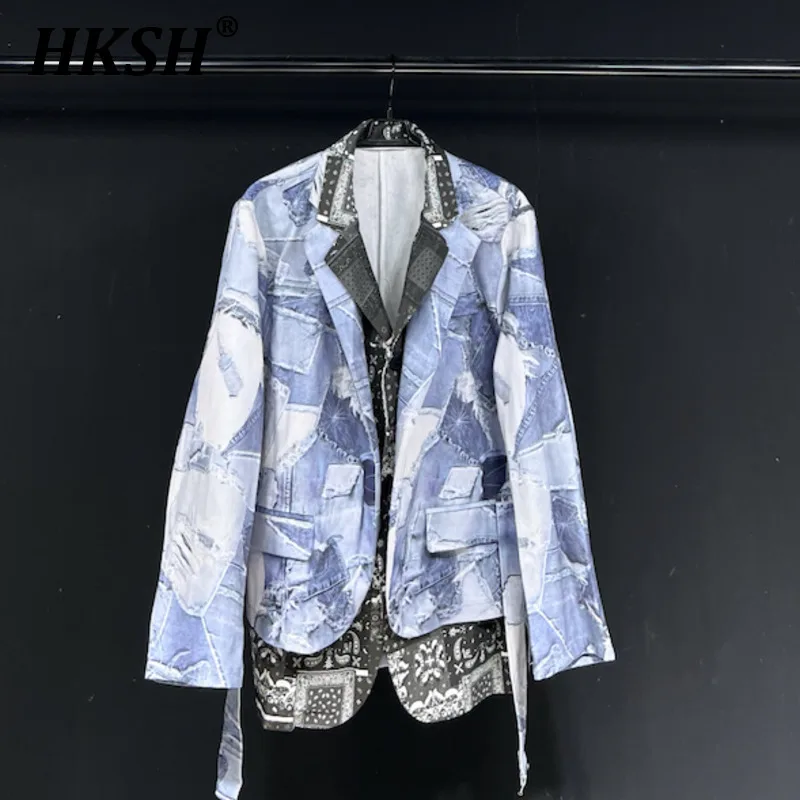 HKSH Autumn New Original Design Denim Print Fake 2 Pieces Light Elegant Blazer Casual Patchwork Jacket Chic Fashion Coats HK2745