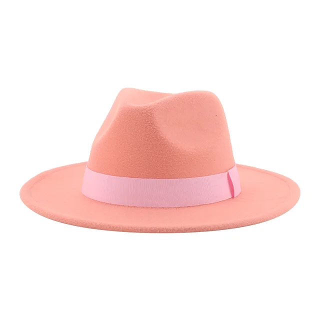 Fedora Hat Women Winter Hats for Women Ribbon Band Men's Hat Wide Brim Classic Beige Wedding Church Bowler New Cap chapeau femme Peach pink