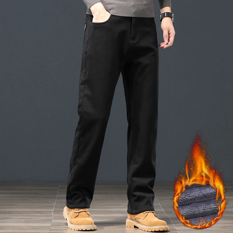 Winter Warm Fleece Men Jeans Loose Straight Thickened Velvet Trousers Black Classic Stretch Casual Thermal Pants Plus Size 28 44 5