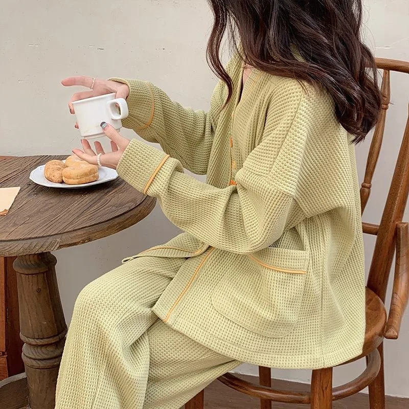 2024 New Sweet Women Pure Cotton Pajamas Spring Autumn Female Waffle V-neck Long Sleeve Homewear Suit Casual Loose Sleepwear