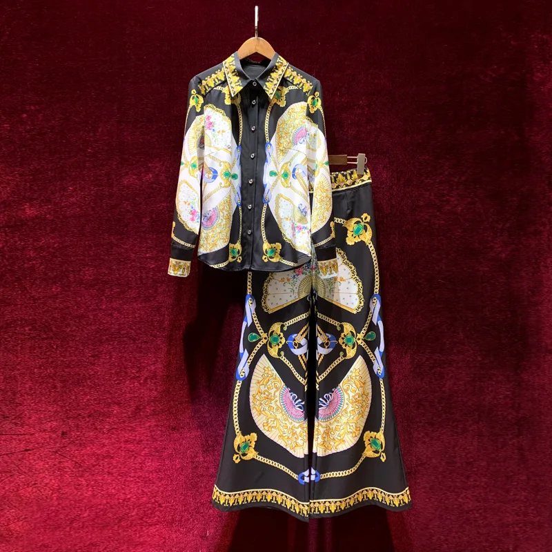

European and American women's wear spring 2022 new Printed shirt with long sleeves and chain Wide-legged pants Fashion suits