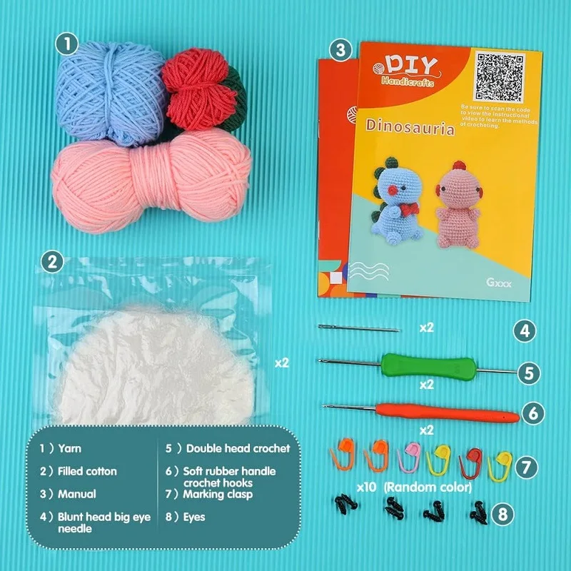 Zxiixz Dinosaur DIY Crochet Kit for Adults and Kids with Crochet Accessories and Instructions
