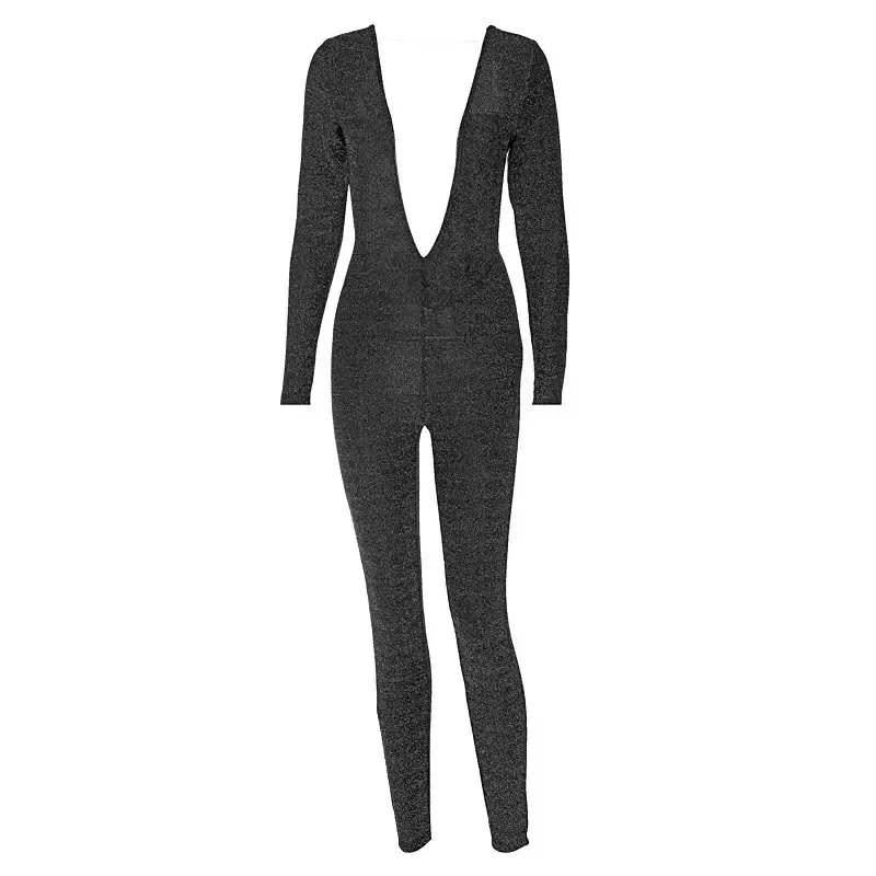 Beach Holiday Dress Bikini 2024 Women Pareo Sets To New Summer Silver Shiny Neck Long Sleeve Sexy Halter Jumpsuit Solid Spandex