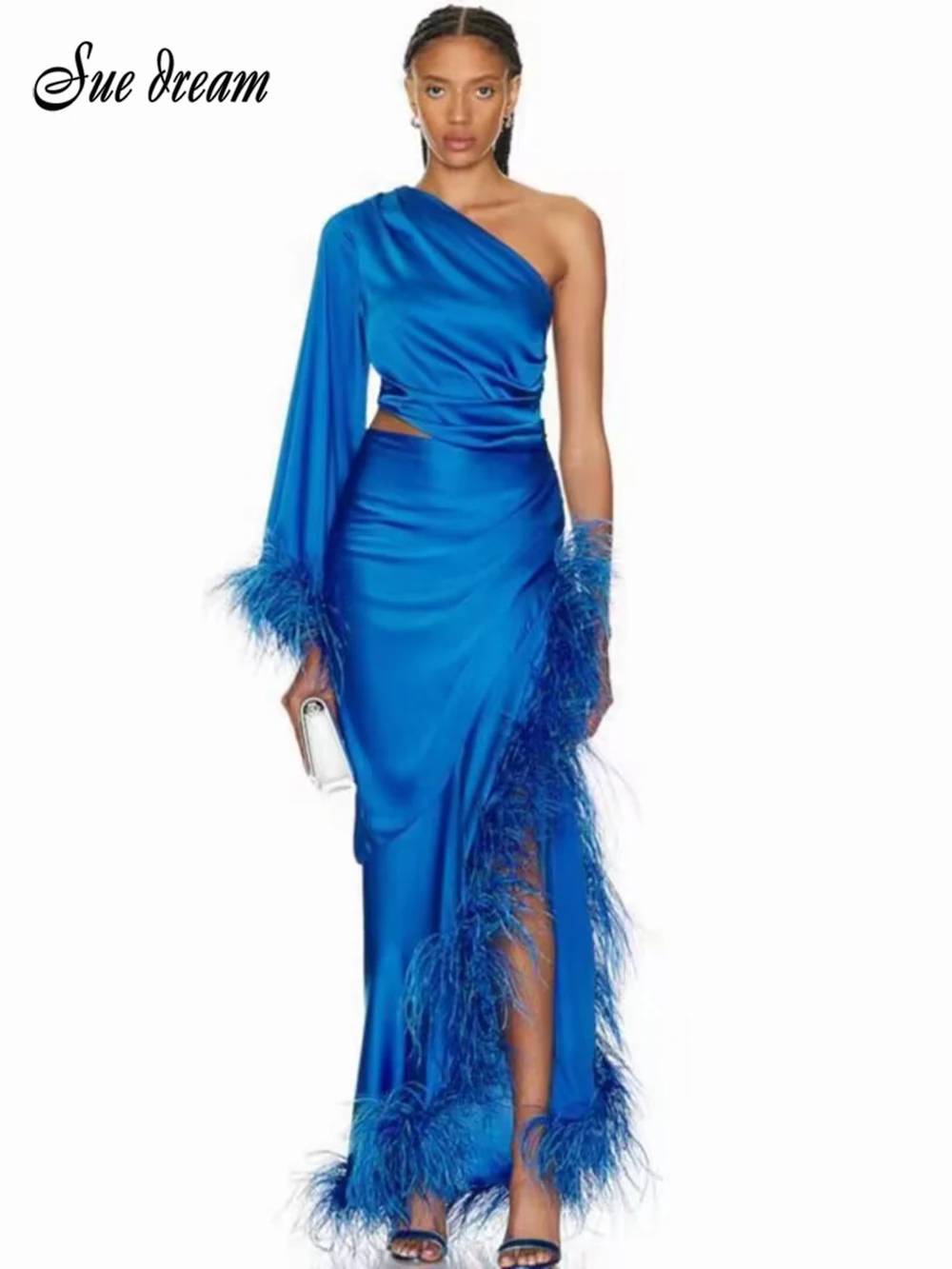 

2023 осенне-зимнее сексуальное женское длинное платье на одно плечо с длинным рукавом с разрезом и перьями облегающее вечернее платье знаменитости вечерние