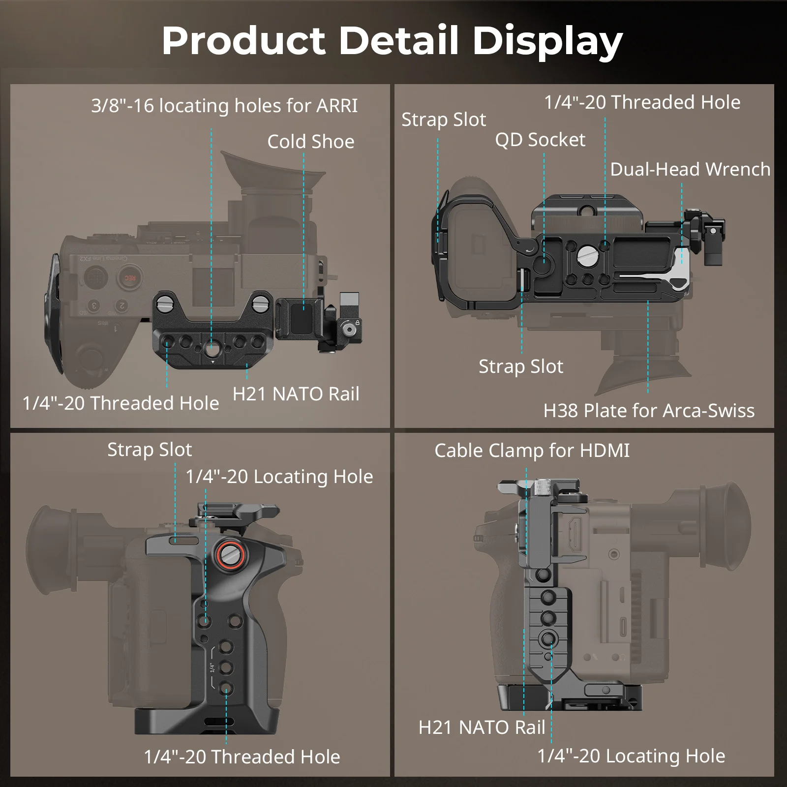 FX2 Cage for Sony FX2, Camera Cage Rig Kit With Top Plate Cable Clamp Cold Shoe