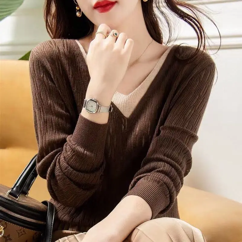 

Spring Autumn Elegant Fashion Sexy V Neck Hollow Patchwork Pullover Basic Knitwear Casual Long Sleeve Top Female Clothing Jumper