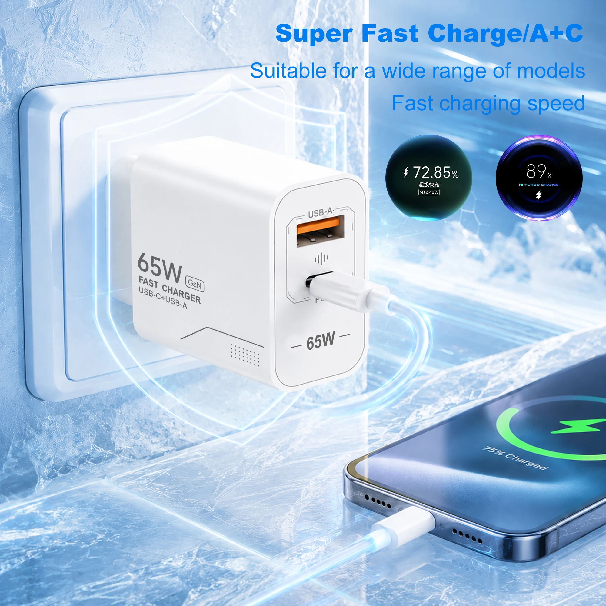 Caricatore USB C GaN da 65W a 2 porte, caricatore rapido per telefono, adattatore di alimentazione per iPhone, Samsung, Xiaomi, tipo C, con spina EU/US, caricatore da parete. - immagine 2