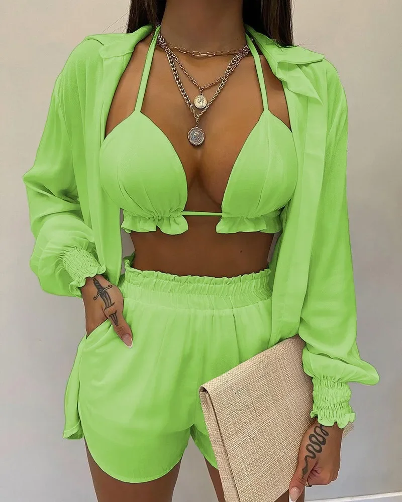 3 Piece Set Outfits Women Sexy Beach Style New Summer Printed Suspender Shirt Shorts Suit Swimsuit Holiday Female Swimwear S-3XL