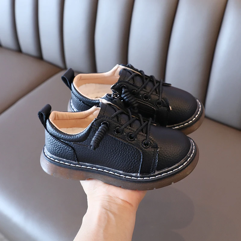 slippers for boy Children Leather Shoes White Black Soft Lace-up Anti-slippy Four Season 26-36 British Style Elegant Boys Girls Casual Shoe children's sandals near me