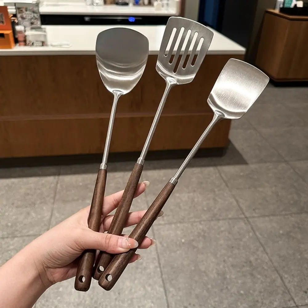 304 Stainless Steel Seamless Spatulas Wooden Handle Stainless Steel Cooking Shovel Long Handle Heavy Duty Fried Shovel