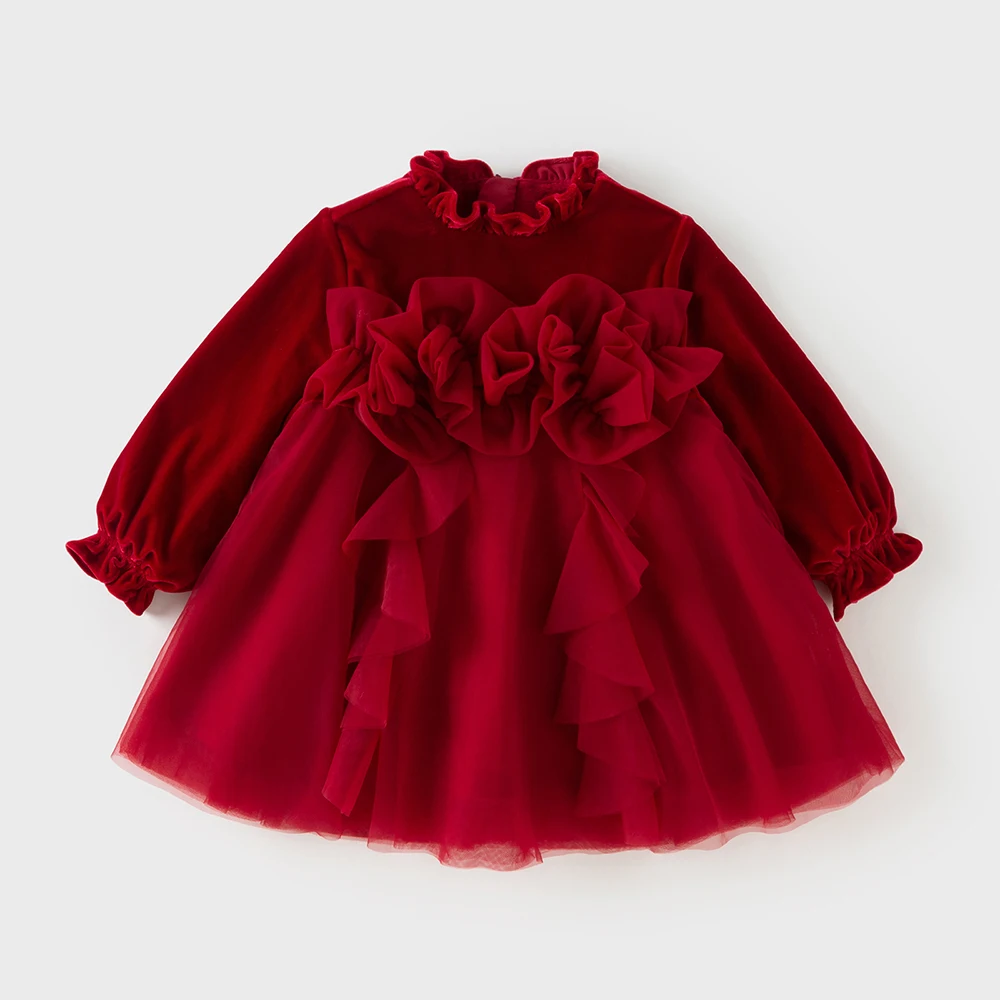 ديف بيلا الفتيات الأميرة المخملية فستان الشتاء الطفل لطيف سحر الدانتيل فستان شبكي حفلة سميكة طويلة الأكمام ملابس خارجية حمراء DB4254215