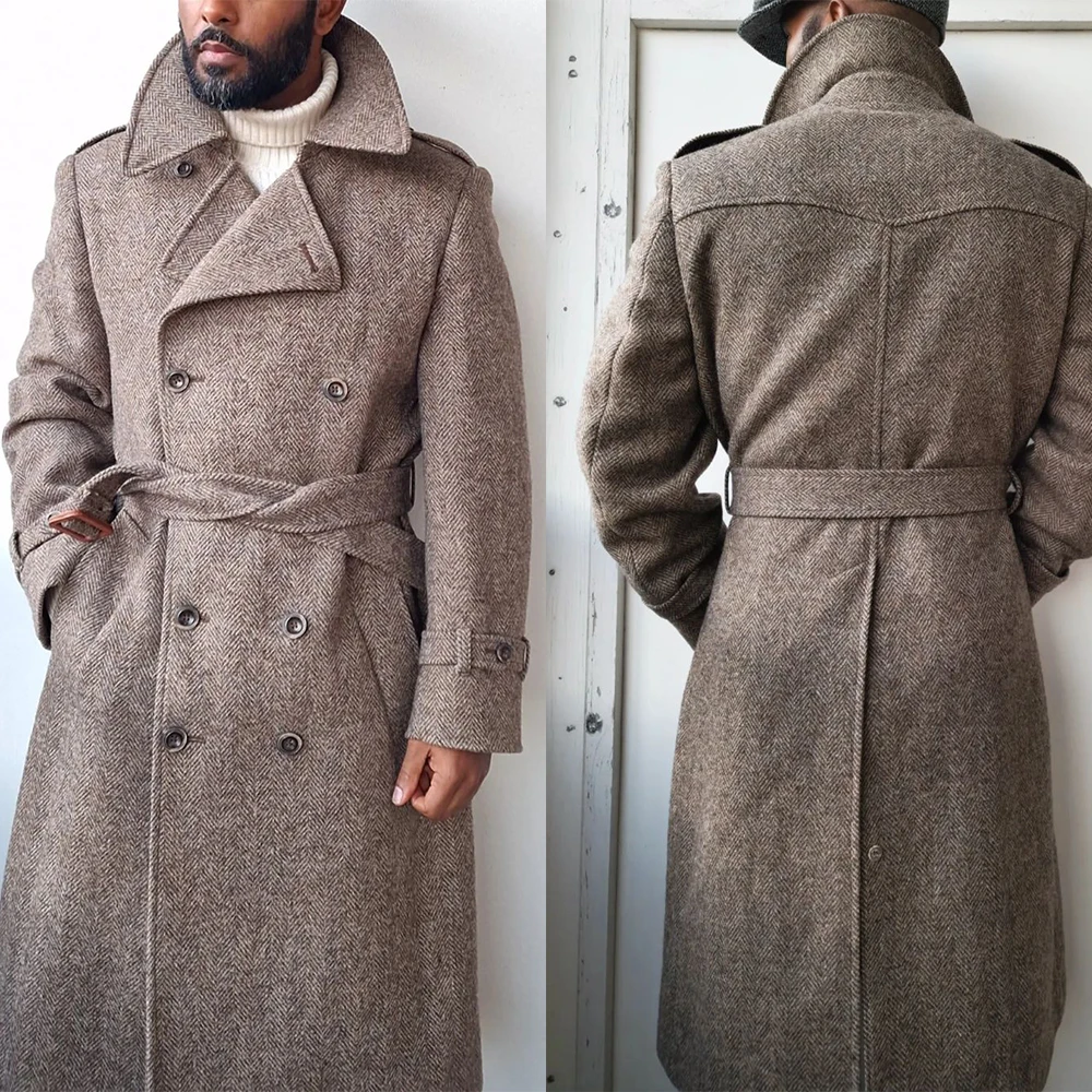 Mens Double Breasted Full Length Overcoat - APTIL3 - Brown Herringbone