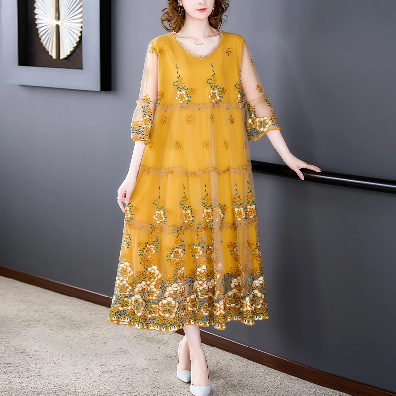 Summer Embroidery Floral Natural Silk Light Midi Dress Women