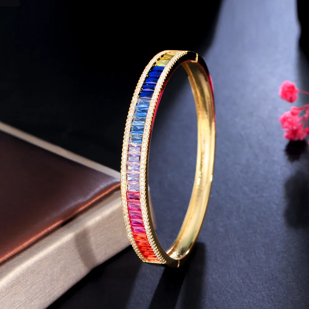 CWWZircons Unique Baguette Rainbow Cubic Zirconia Round Open Cuff Bangle for Women Trendy Brazilian Gold Plated Jewelry BG048 4