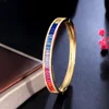 CWWZircons Unique Baguette Rainbow Cubic Zirconia Round Open Cuff Bangle for Women Trendy Brazilian Gold Plated Jewelry BG048 4