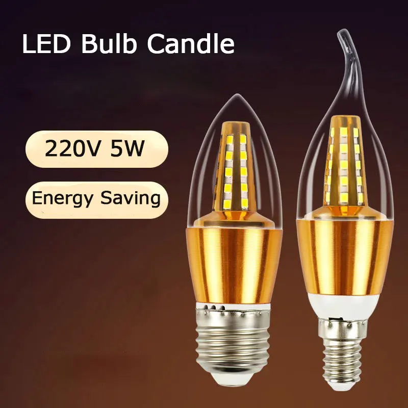 

220V 5W LED Candle Bulb E14 Gold Waterproof Aluminum Energy Saving Lamp Tail Pull Shape Night Light Glass Bulbs House lighting