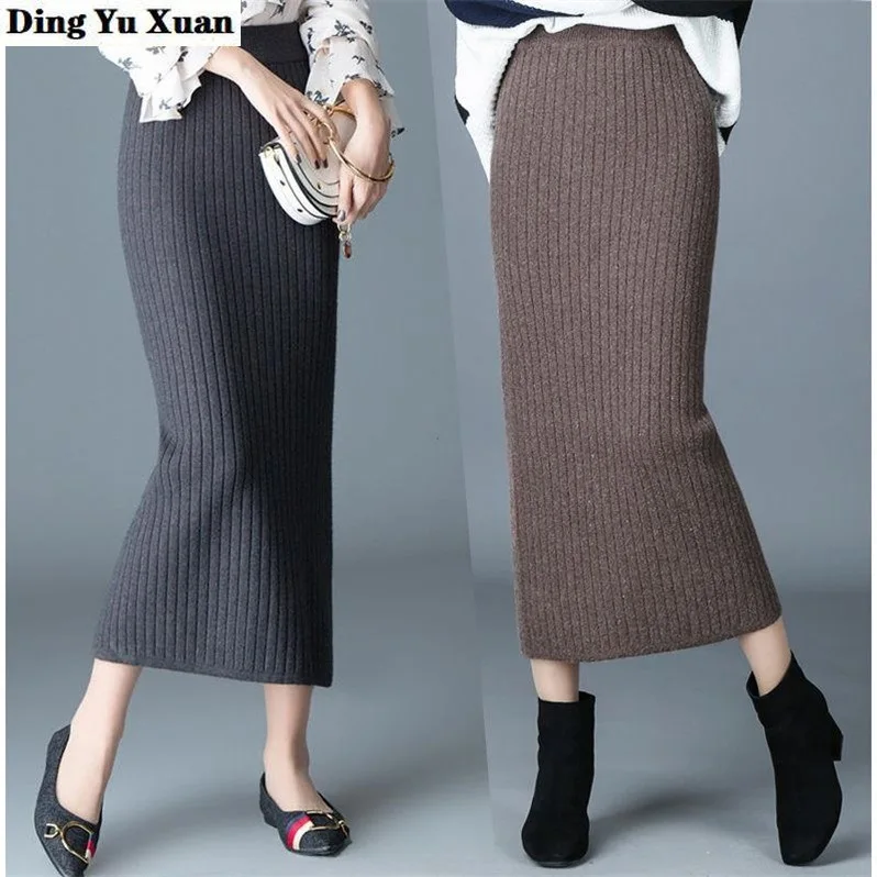 

Women's Autumn Winter Knitted Long Skirt High Waist Split Pencil Skirt Women Package Hip Elastic Maxi Skirts Korean Khaki Grey