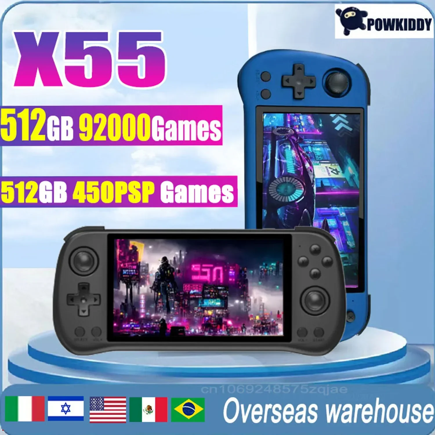 Powkiddy X55 Schermo Ips Da 5.5 Pollici Console Di Gioco Portatile Retrò Ee Linux Open-Source Rk3566 Videogioco Hdmi 512G 80000 Giochi Regali