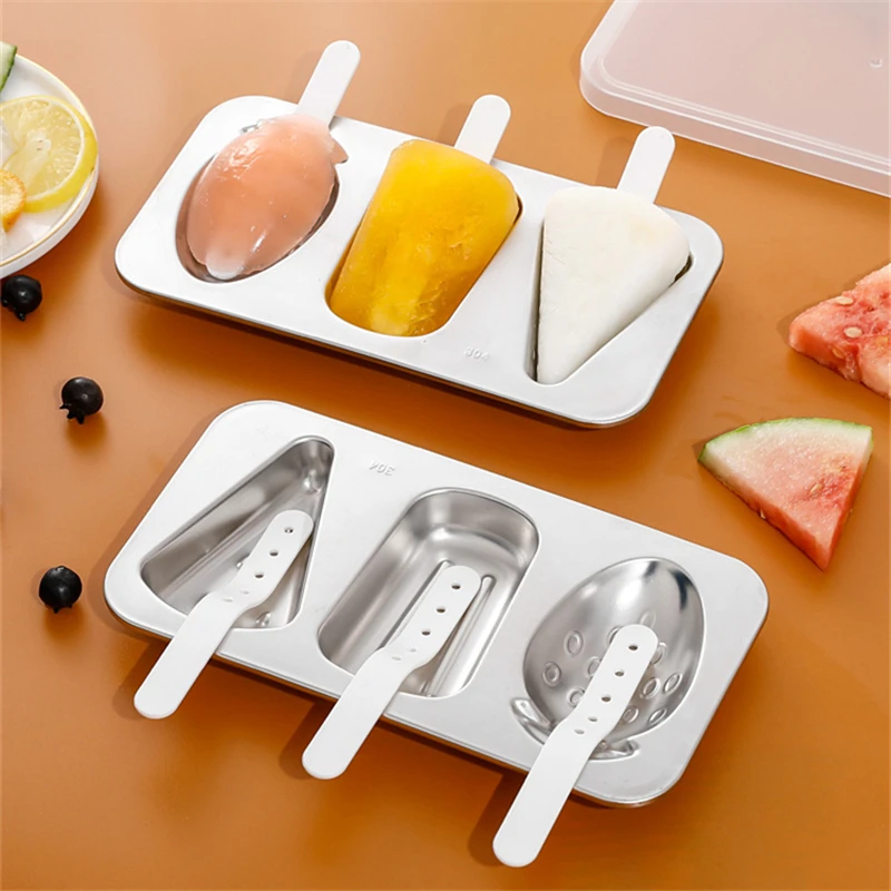 3 Holes Stainless Steel Ice Cream Mold DIY Chocolate Popsicle Moulds Candy Maker Gadgets Kitchen Party Supplies Ice Cube Tray