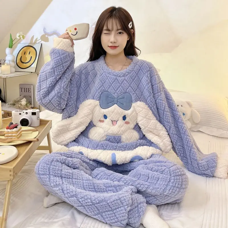 Women Pajamas Winter New Female Coral Velvet Thickened Fleece Lined Cute Cartoon Homewear Suit Round Neck Warm Nightclothes 2024