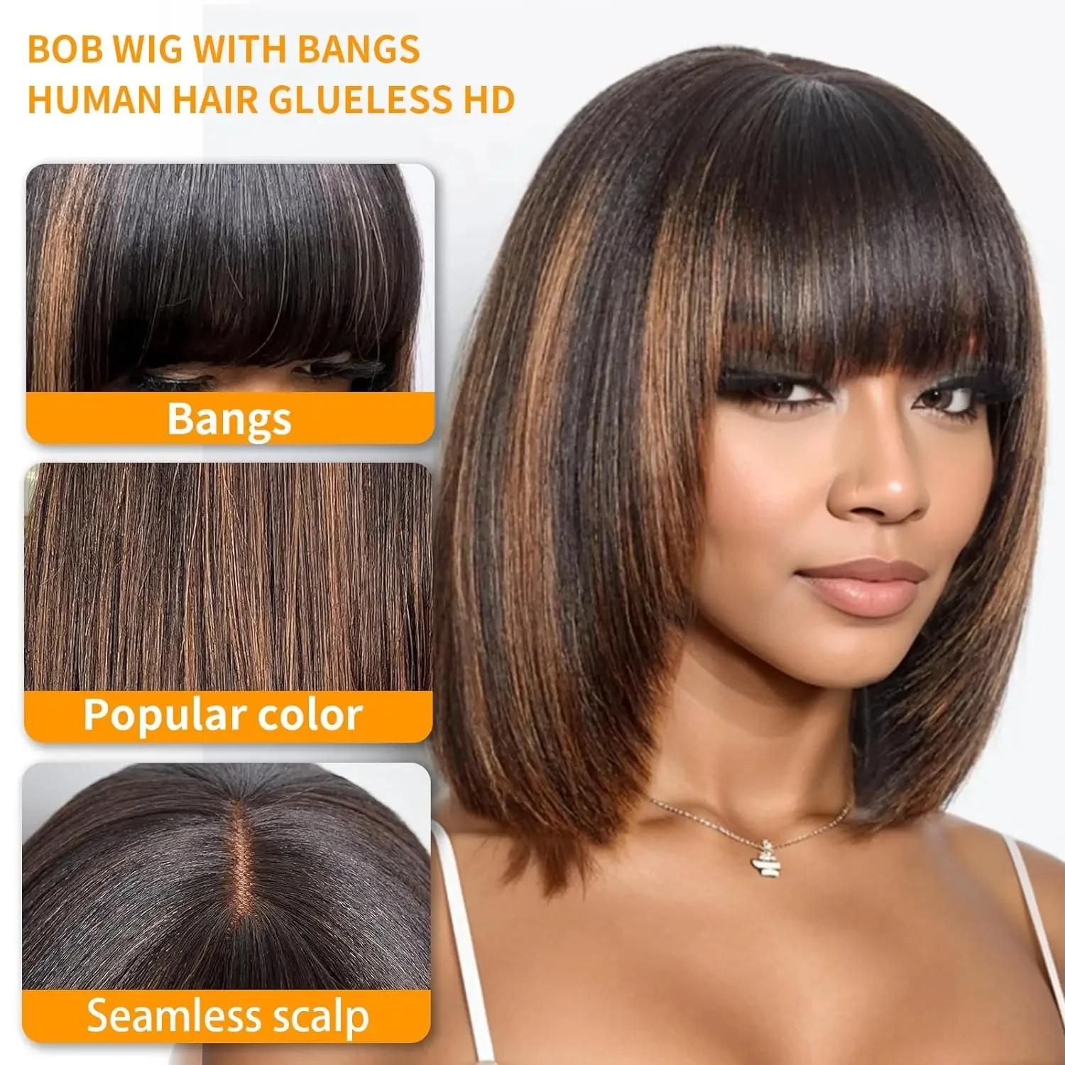 Yaki Straight Short Bob Put On and Go Realistic Glueless with Bangs Minimalist Lace Wig 100% Human Hair Brown Highlight 2